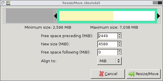 Resize/Move window with unallocated space on the left followed by the shunk partition 