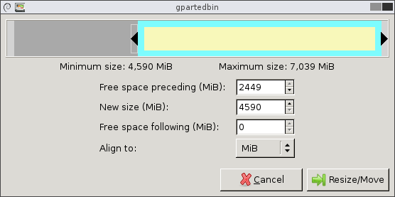 Resize/Move window with free space to the left of extended partition and logical partition fitting perfectly within the extended partition